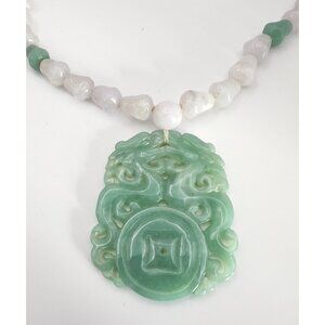 Vintage Chinese Green & White Jade Dragon Pendant Necklace